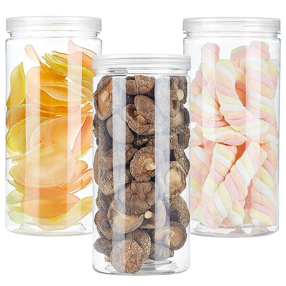 3PCS 46OZ/1360ml Clear Plastic Round Storage Jars,Empty Plastic Jar,Storage Jars with Screw on Lids for Dry goods,Noodles,Spices