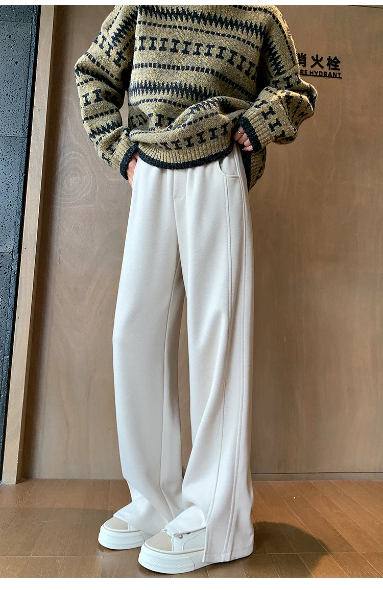 High Street Casual Gerade Lose Chic Split Frauen Hosen Herbst Winter Klassische Feste Farbe Mode Einfache Weibliche Breite Bein Hosen – Detail 7