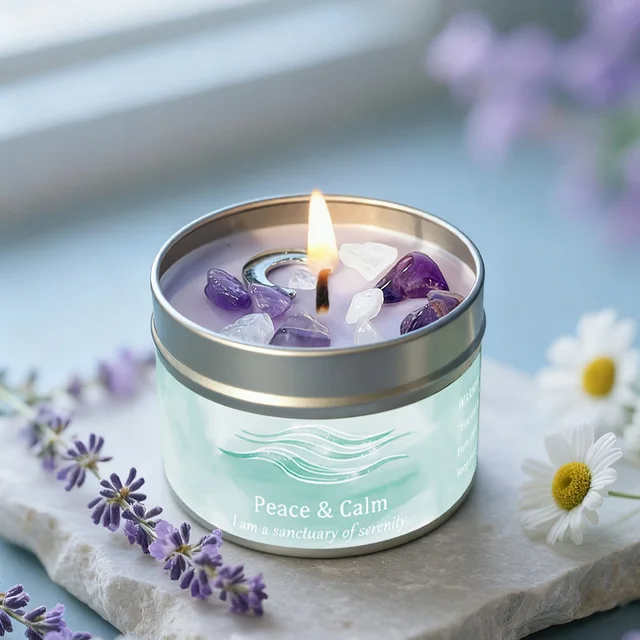 Law of Attraction Peace Ritual Candle, Lavender & Chamomile Aroma with Healing Crystals, Great for Holiday Gifting Christmas 1