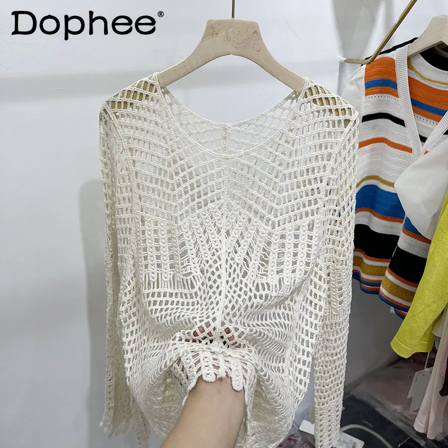 

2023 Summer New Hollow Mesh Air Conditioning Sweater Tees Tshirt Women's Long Sleeve Loose Thin Type Sunscreen Smock Top T-shirt