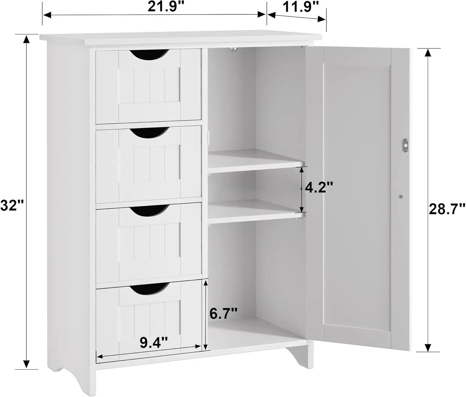 Bathroom Storage Cabinet, Floor Cabinet with 4 Drawers and 1 Adjustable Shelf, Storage Oragnizer for Living Room (White)