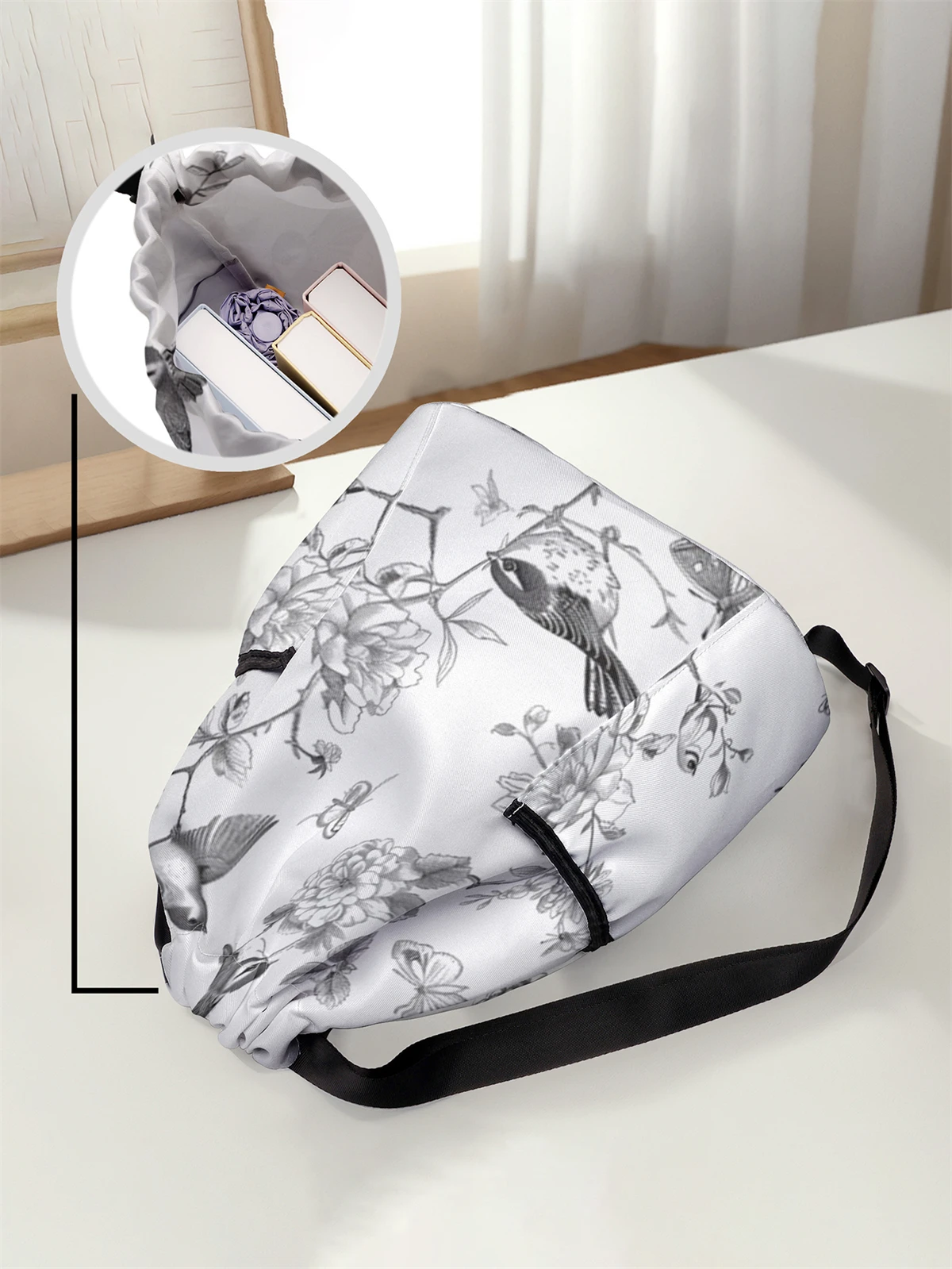 Bird Pattern Drawstring Backpack - Large Capacity Durable Fitness Bag, Adjustable Shoulder Strap, Sports Beach Backpack