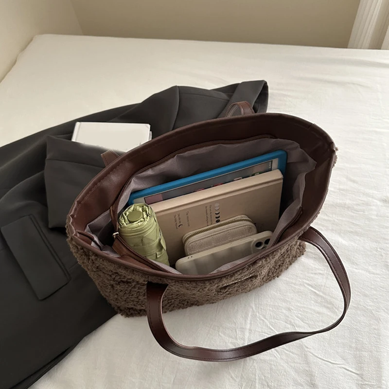 Lamb Wool Solid Color Casual Commuting 2024 Texture Han Autumn and Winter New Casual Portable Shoulder Tote Bag