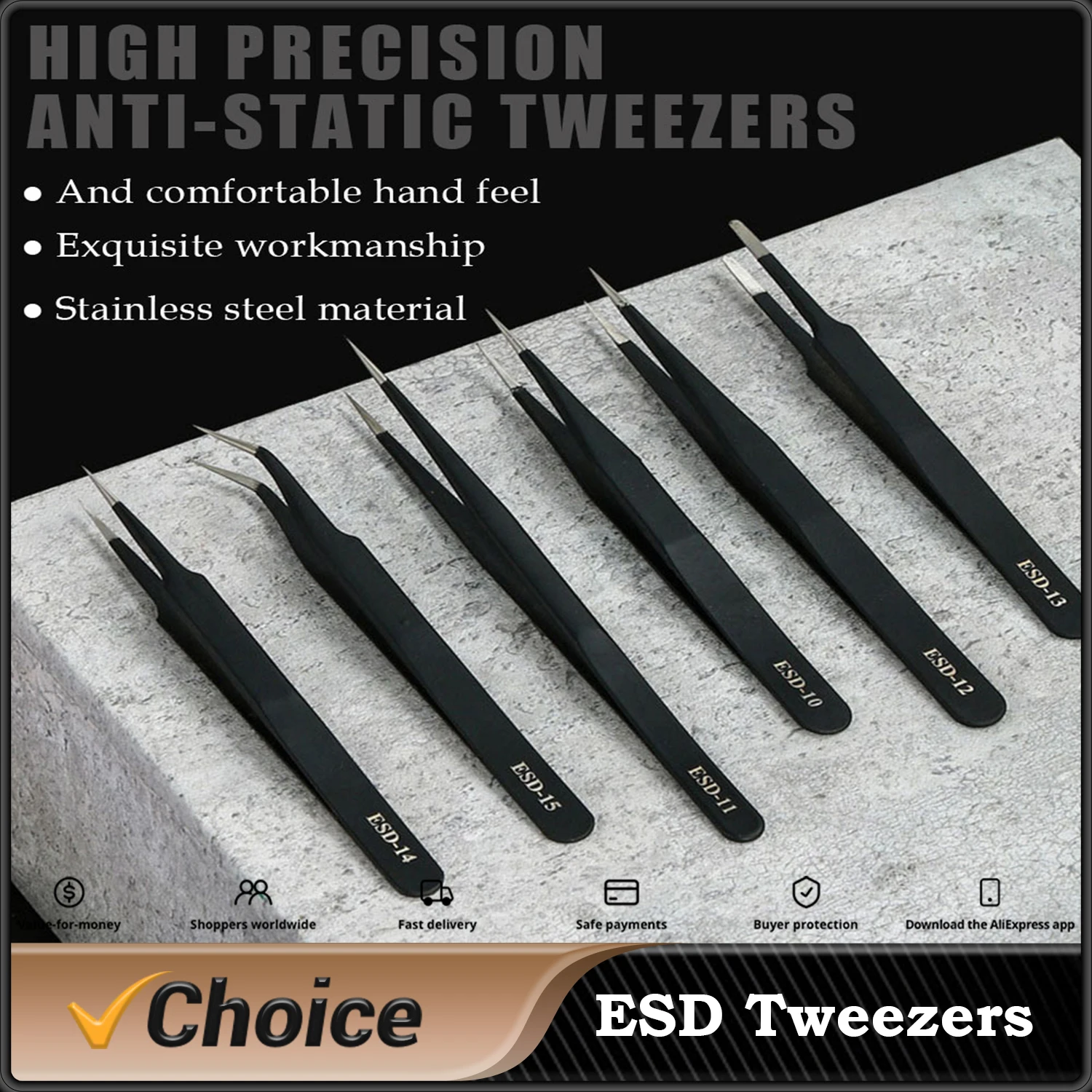 thumbnail image 2 of Precision Tweezers Kit Stainless Steel Anti-Static Non-Magnetic For 2 of 10