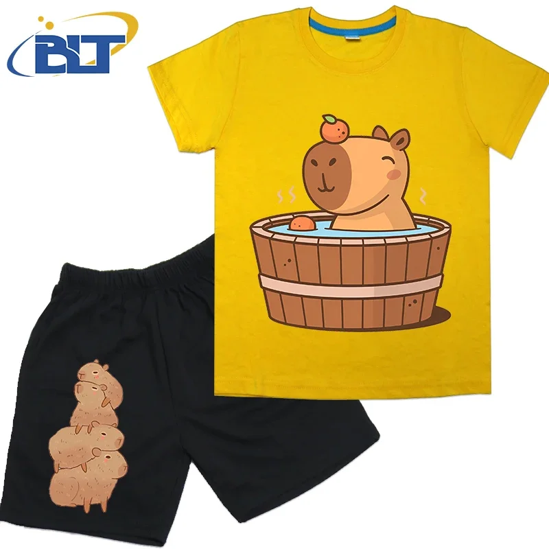 Capybara in hot tub printed kids T-shirt set summer pure cotton short-sleeved shorts 2-piece set for boys and girls