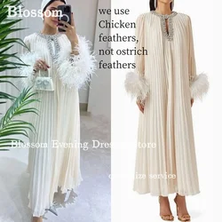 Beads Pleated Loose Prom Dresses Long Sleeves Chicken Feathers Elegant Evening Dresess 2024 Formal Party Gown Vestidos De