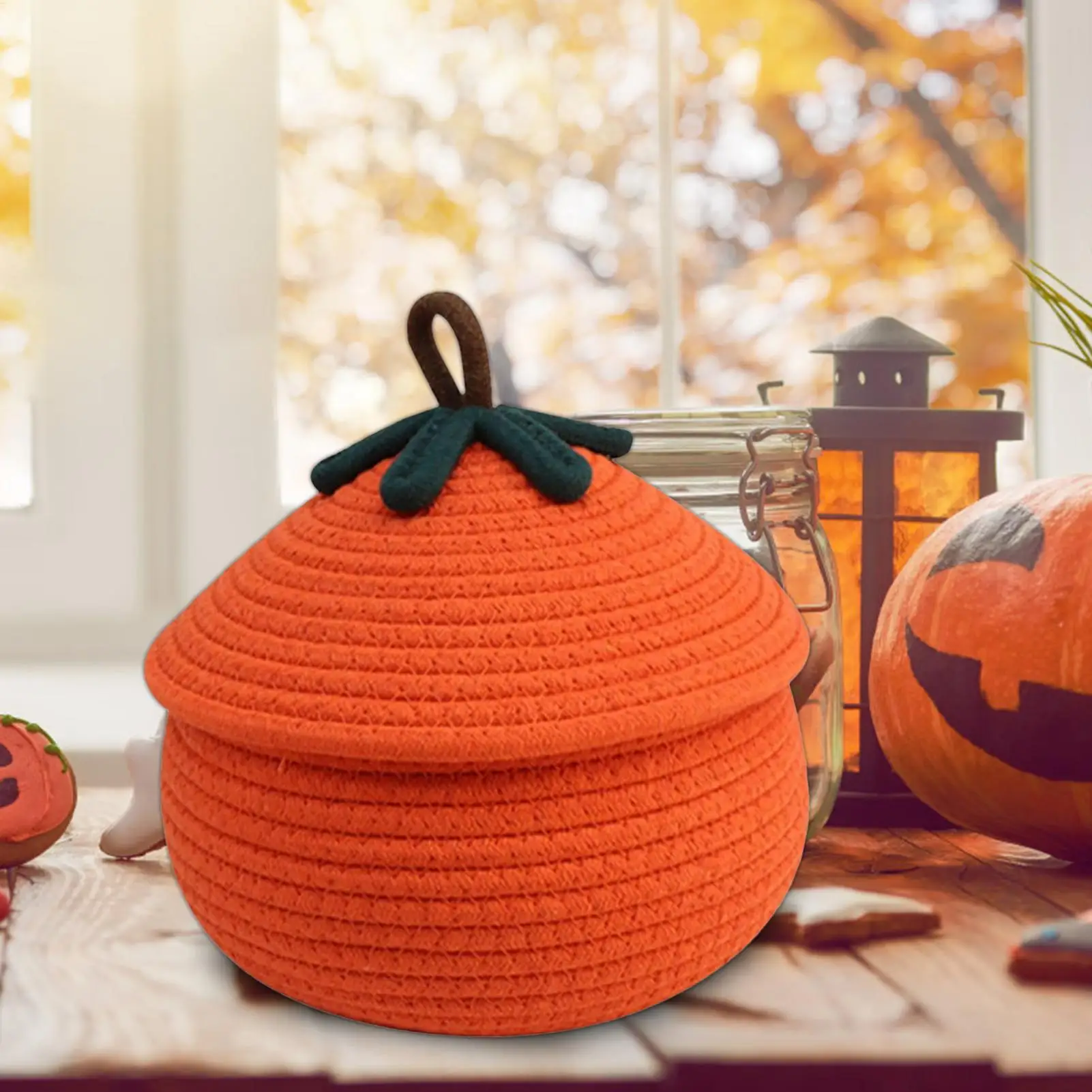 Halloween Woven Pumpkin Basket With Lid Halloween Decorative Candy Gift Basket Multi-Function Fruit Candy Snacks Toys Basket