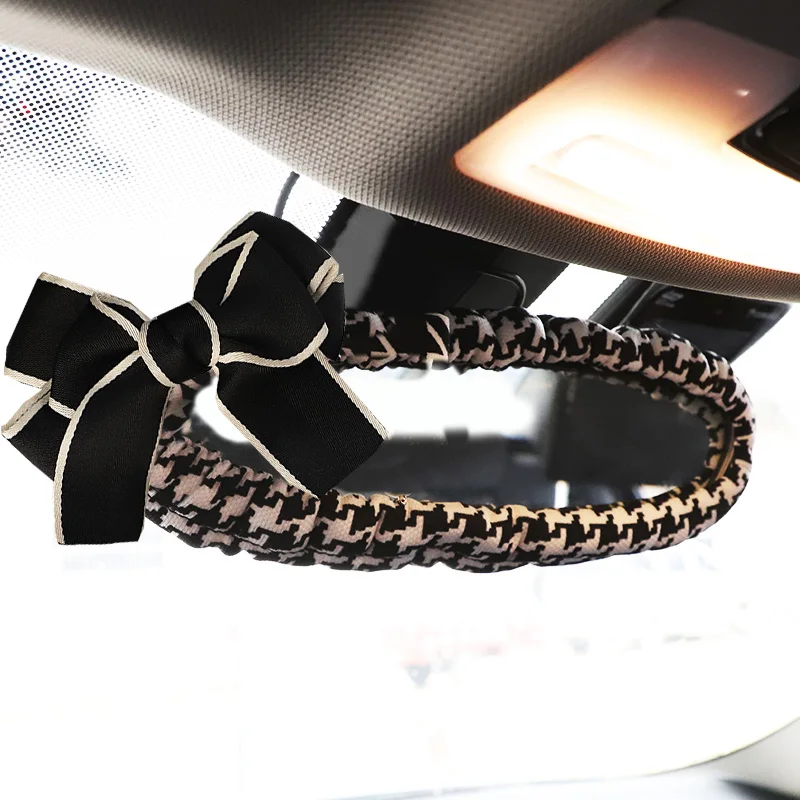 Classic Plaid Bowknot Universal Car Mirror Cover Universal Stretch Auto Interior Rearview Mirror Case Decortion Accessories