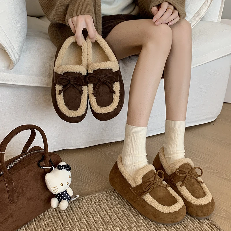 Aphixta Sweet Bow Woman Flat Shoes Warm Short Plush Lining Suede Round Toe Woman Shoes Slip On Classic Ladies Footwear