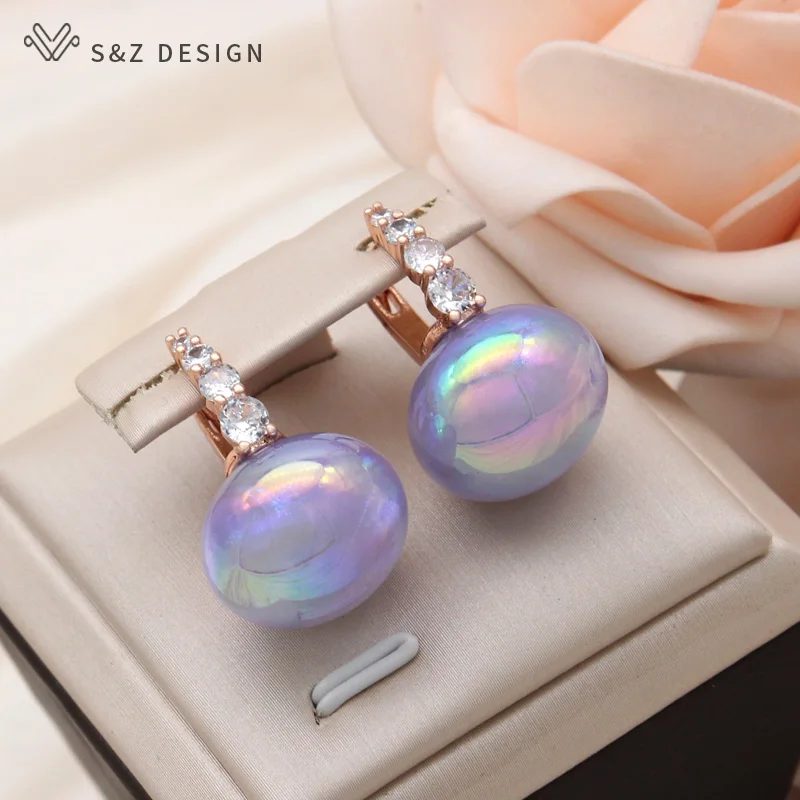 S&Z DESIGN New Fashion Luxury Colorful Beads Dangle Earrings For Women Cubic Zirconia Jewelry 585 Rose Gold Color Eardrop Gift