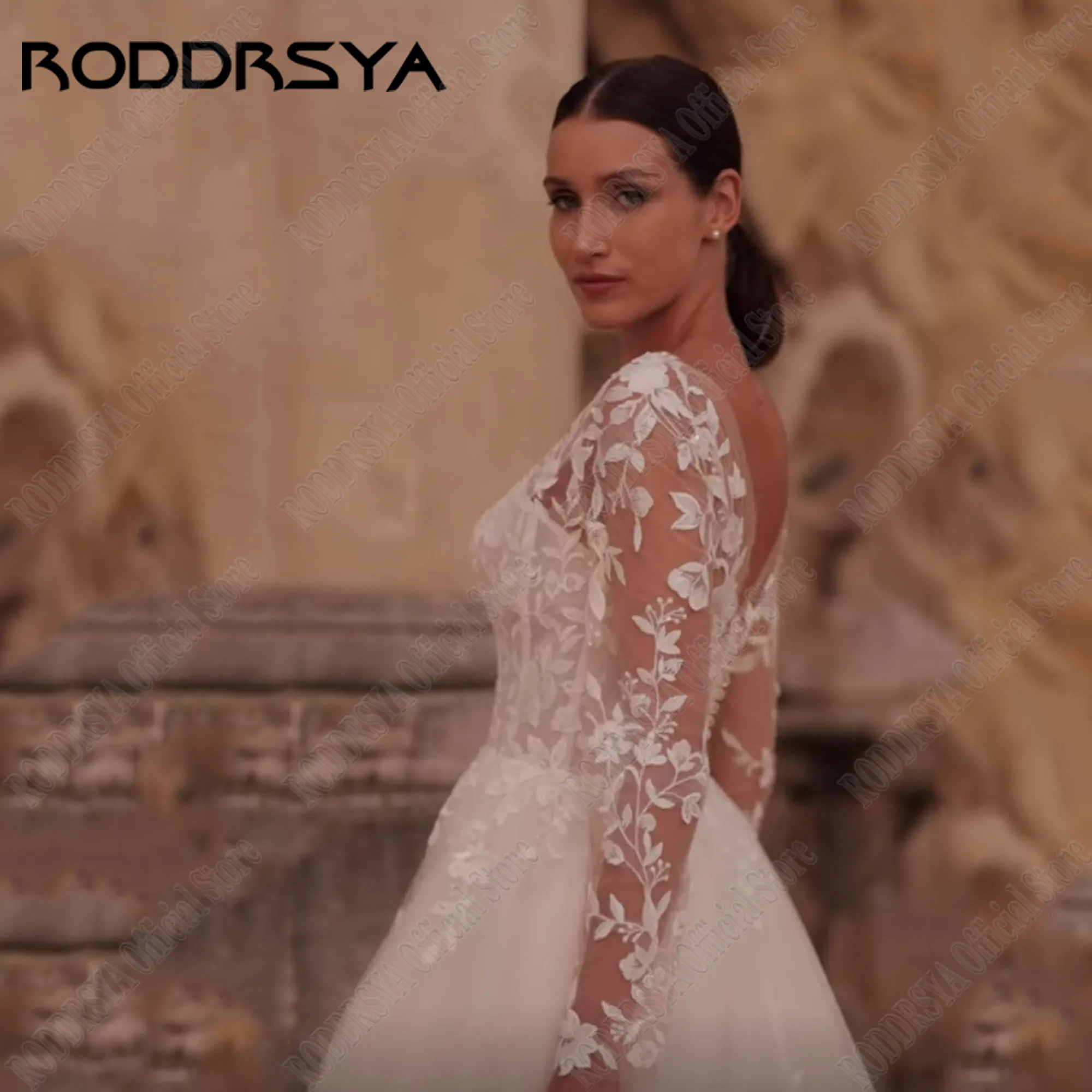 RODDRSYA Applique Lace wedding dresses for Woman Bride Long Sleeves Scoop Neck Illusion Back Boho vestidos de novia