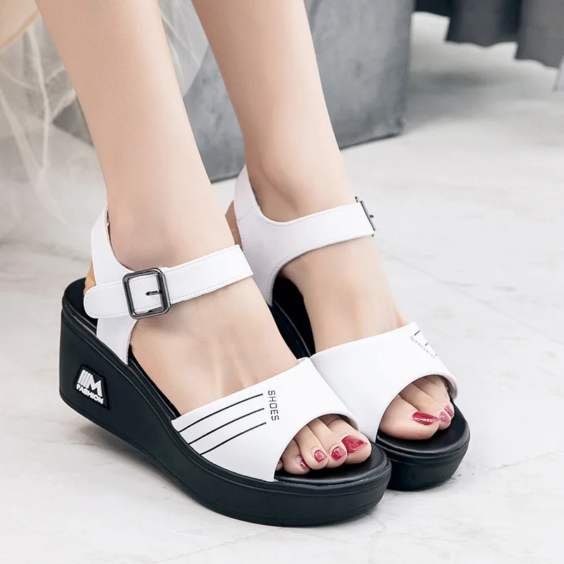 Black Open Toe Wedges Heel Sandals Women's New 2024 Summer Fashion Anti-slip Soft Leather Sole Mother High Heel Sandals