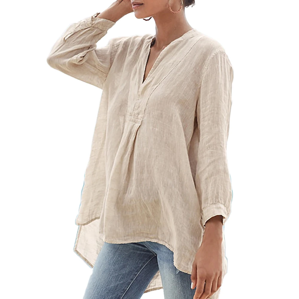 

Women Cotton Linen Long Sleeve Loose V-neck Breathable Soft Shirts Ladies Oversized Pullover Blouse Tops Shirt Female Clothing
