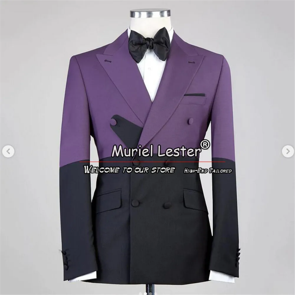 Elegant Groom Wedding Suit Slim Fit Royal Black Splicing Jacket Pants 2 Pieces Men's Tuxedos Tailored Male Fashion Prom Blazers
