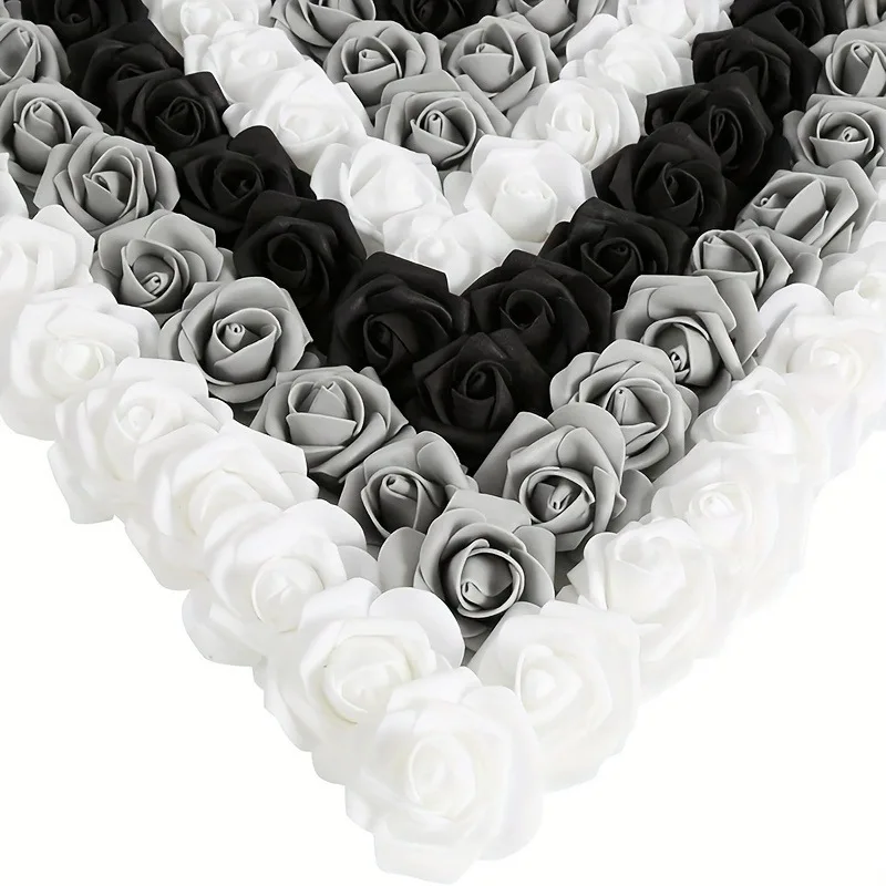 50 Stück schwarz weiß grau künstliche Blumenköpfe Schaumstoff gefälschte Blumen für Heimdekoration Hochzeitsdekoration Braut Handwerk Geschenkzubehör