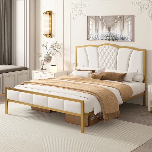 Cama Queen con plataforma en una caja, beige