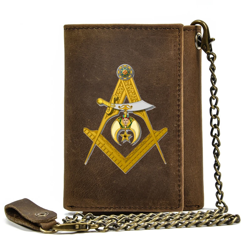 Luxury Men Genuine Leather Wallet With Iron Chain Ancient Freemasonry Design Printing Card Holder Short Purse BT1460