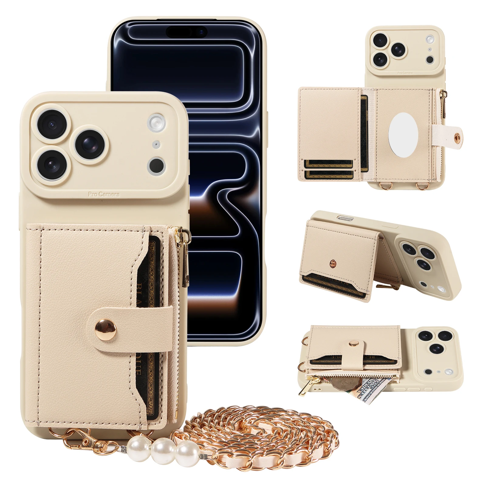 Leather Phone Case with Mirror & Pearl-Studded Strap - Shockproof Cover