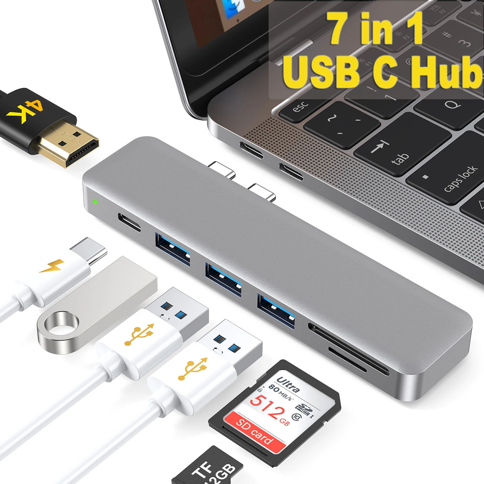 7in1 USB-C Hub Dual Type-C Multiport Card Reader Adapter 4K HDMI For MacBook Pro 