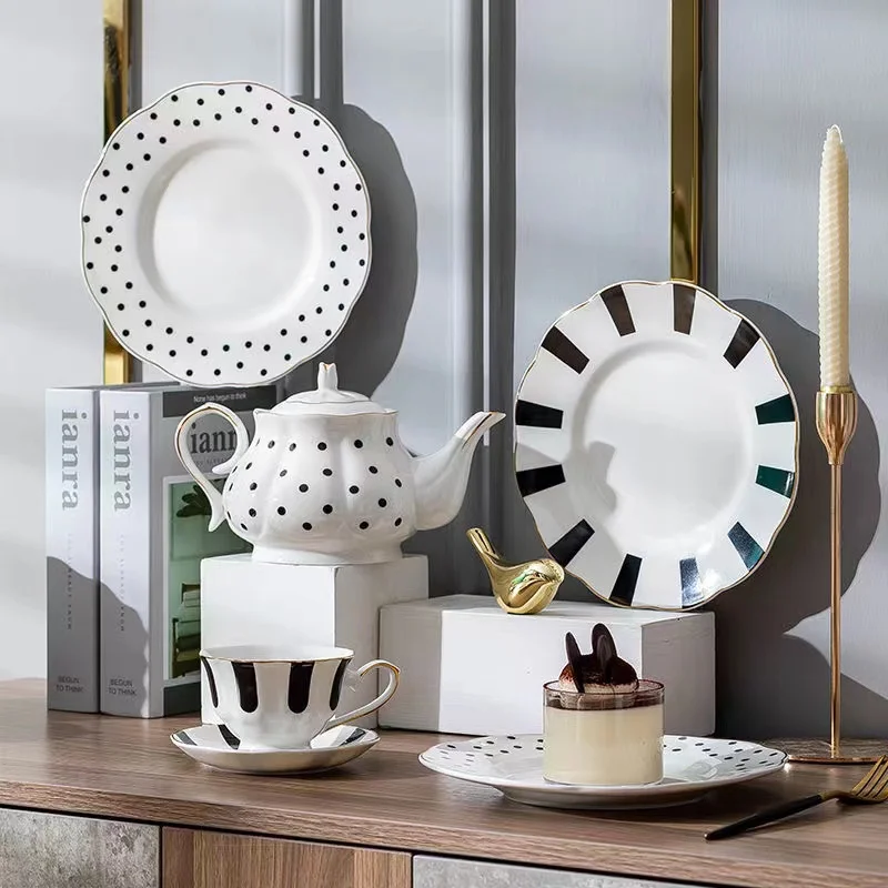 White With Gilt Rim Porcelain Plates For Food Dinner Service Dishes Salad Soup Bowl Ceramic Coffee Source Set Polka Dot Gifts