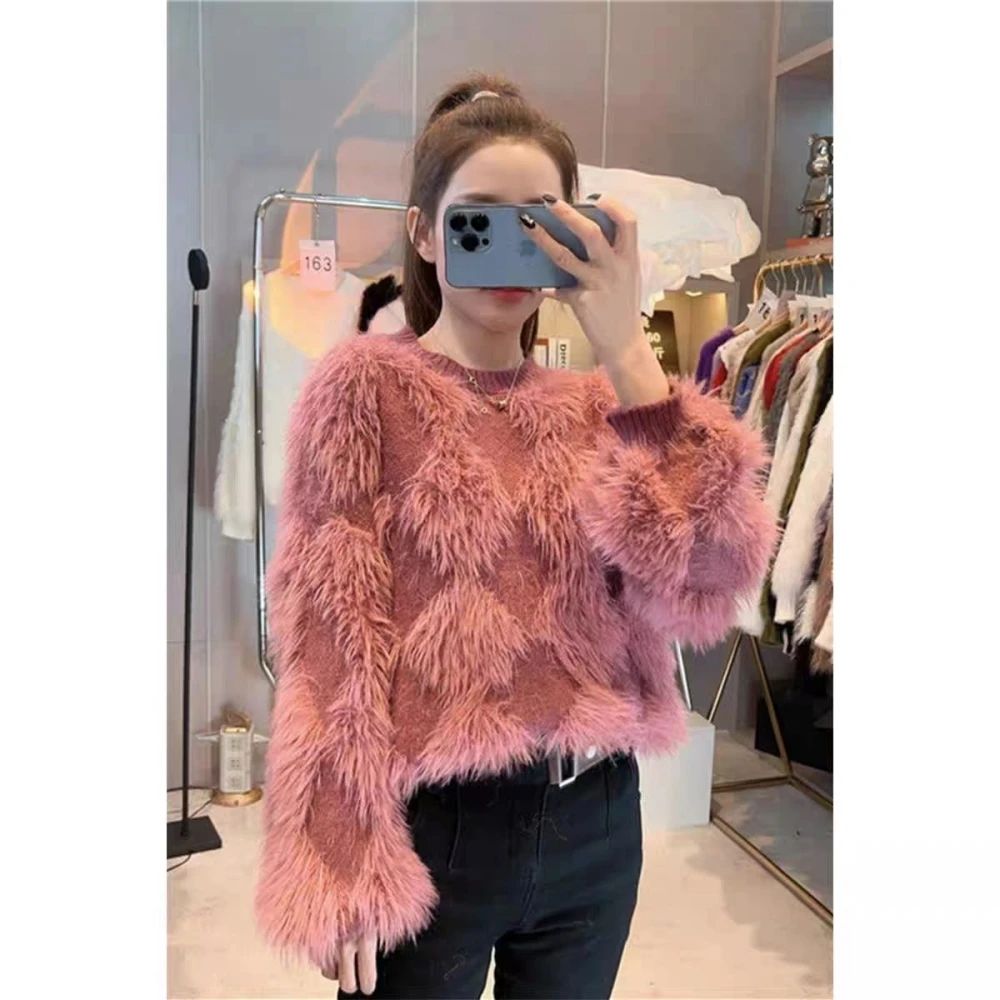 

Tassels Solid Full Sleeves O-neck Short Autumn Winter Women Pullover Knitted Sweater Imitation Mink Velvet Causal Slim Outerwear