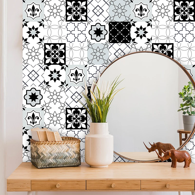10Pcs/Set 10*10cm Retro Pattern PVC Tile Sticker Bathroom Kitchen Decoration Waterproof Wall Sticker Self-Adhesive Art Wallpaper