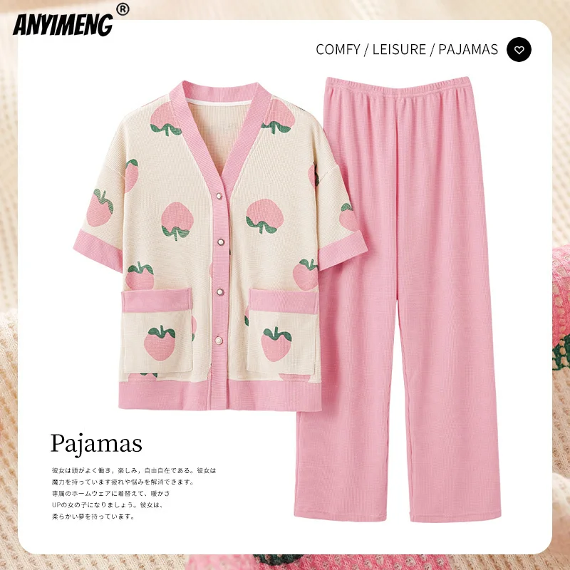

Elegant Women's Summer Waffle Cotton Pajamas Set Chic Lingeries Girl Kawaii Pijama Short Sleeve Casual Sleepwear Women's Clothes