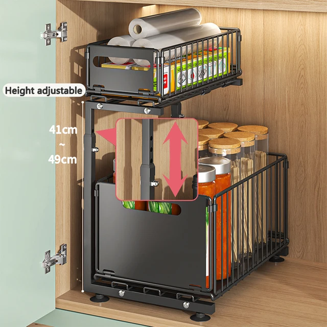 Organizzatore per armadio estraibile a 2 livelli, portaoggetti da cucina regolabile, sotto il lavello, portaoggetti per barattolo di spezie, cassetto scorrevole 3