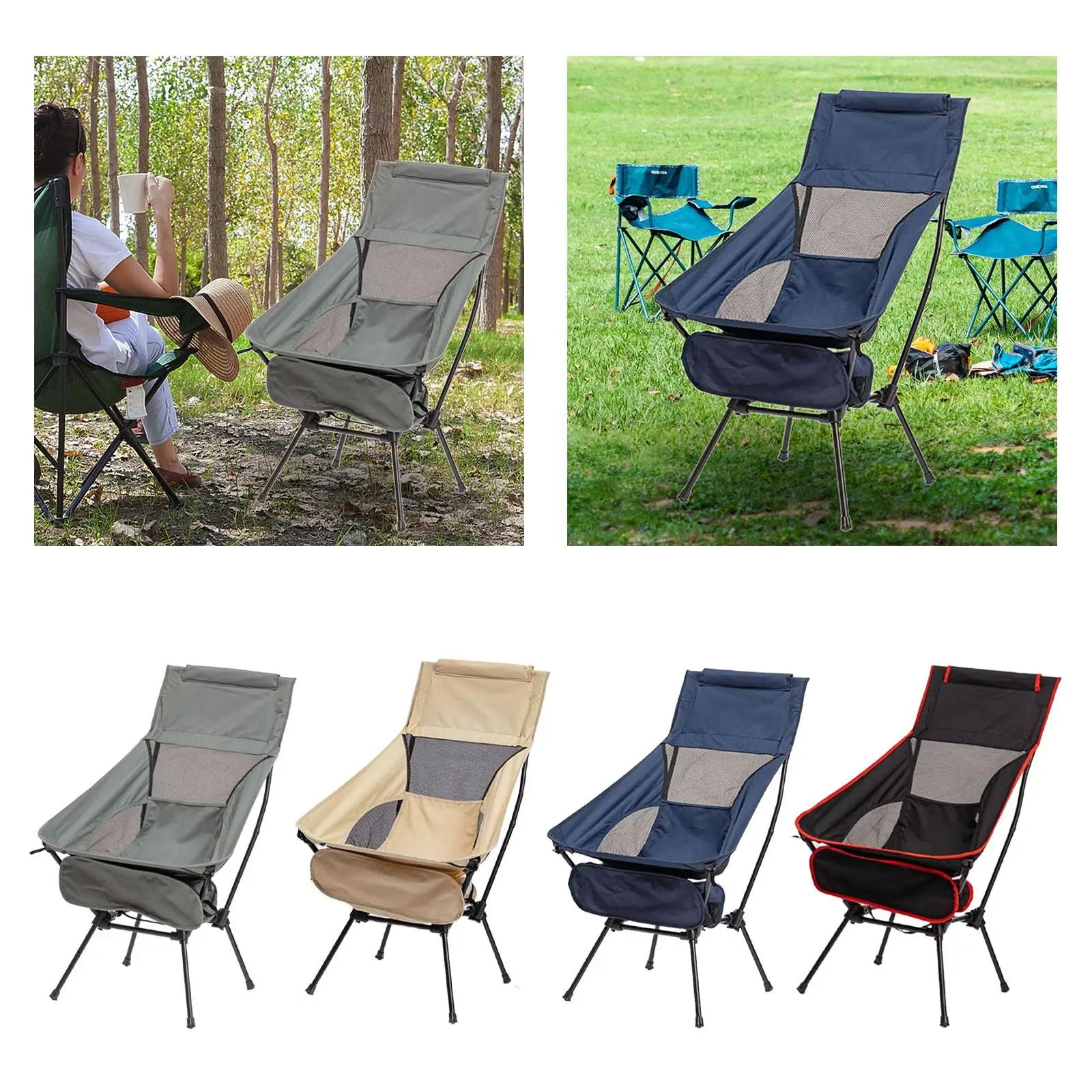 Collapsible Camping Chair with Storage Bag Mesh Back Telescopic Seat for