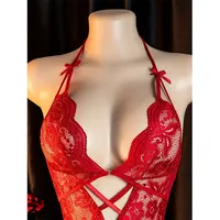 Lingerie rouge à col suspendu, Costume érotique pour adulte, soutien-gorge en V profond, sous-vêtements de femme sans entrejambe, robe ouverte de nuit sexuelle, body, combinaison Sexy 5