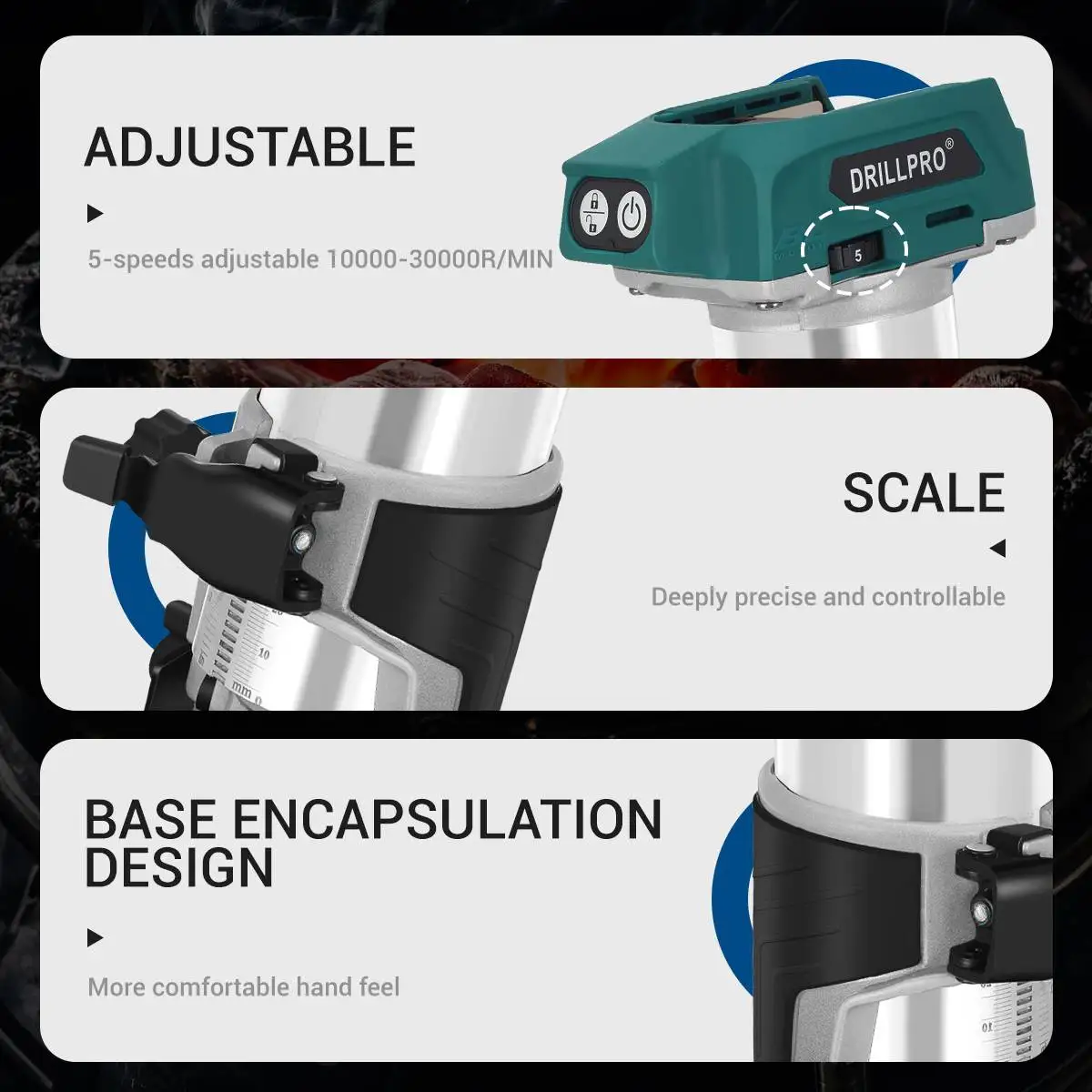 Drillpro 5 Speeds Brushless Electric Hand Trimmer Cordless Wood Router Woodworking Engraving Slotting for  18V Battery 6