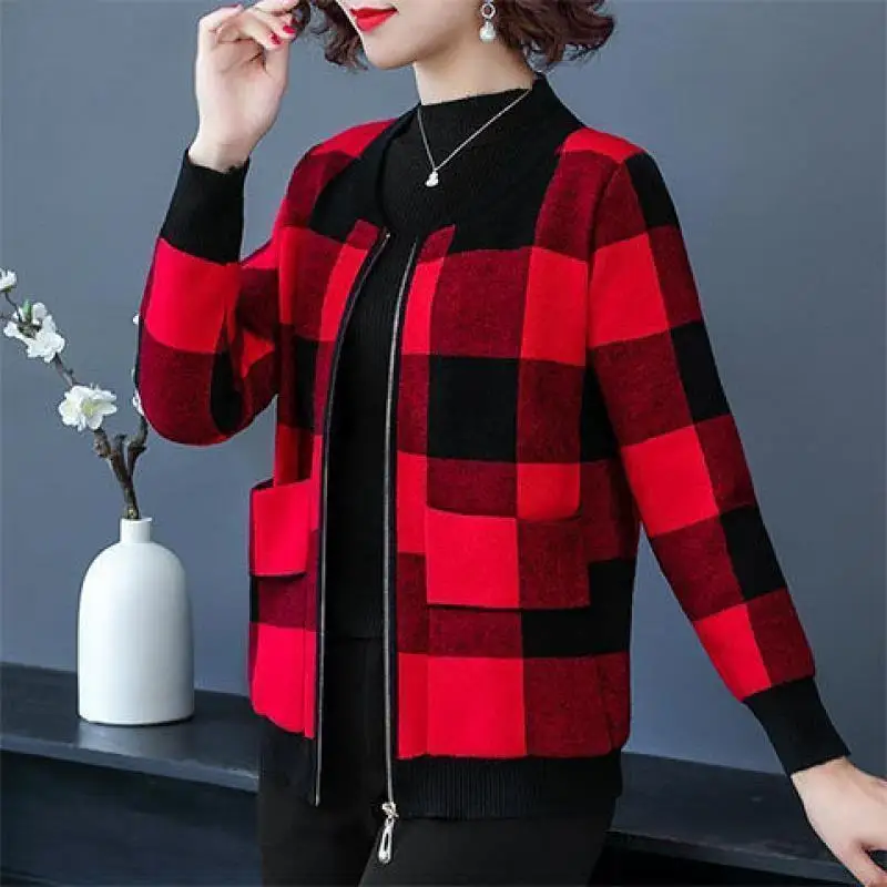 Autumn Winter Plaid Print Short Coats Long Sleeve O-neck Zipper Plus Size All-match Tops Vintage Fashion Casual Women Clothes