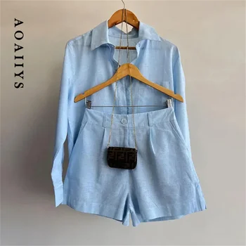 2026 New Short Sets Women Shirts Long Sleeve Cotton Linen Loose Blouse High Waist Shorts Suit Summer 2 Piece Sets Womens Outfits 1