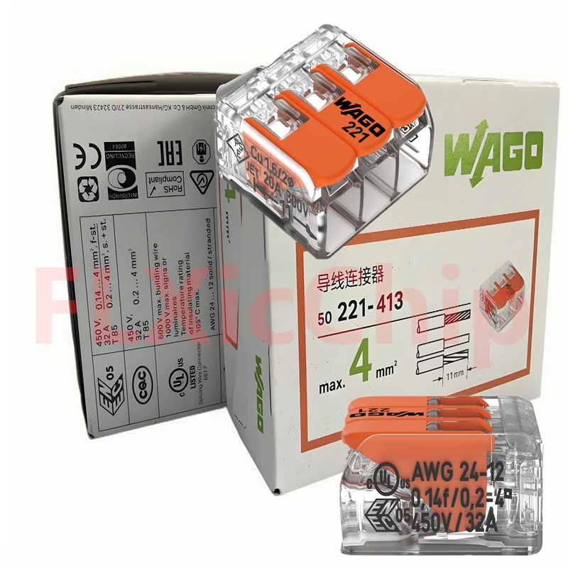 50PCS WAGO box 221-413 3-hole 450V 32A 4MM&sup2; quick terminal lever Compact wire connector Transparent orange wire connectors,terminal connector,electrical connectors plug,terminal block,soldering terminal