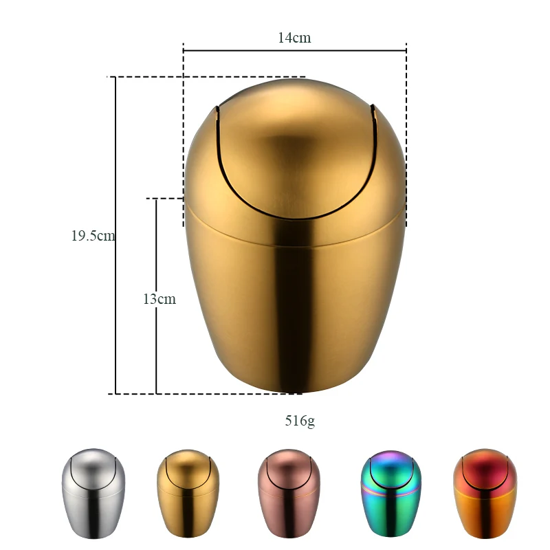 Desktop Waste Bin Gold Mini Metal Waste Bin Desktop Garbage Basket Egg-shaped stainless steel trash can with removable Swing lid Dustbin Basket