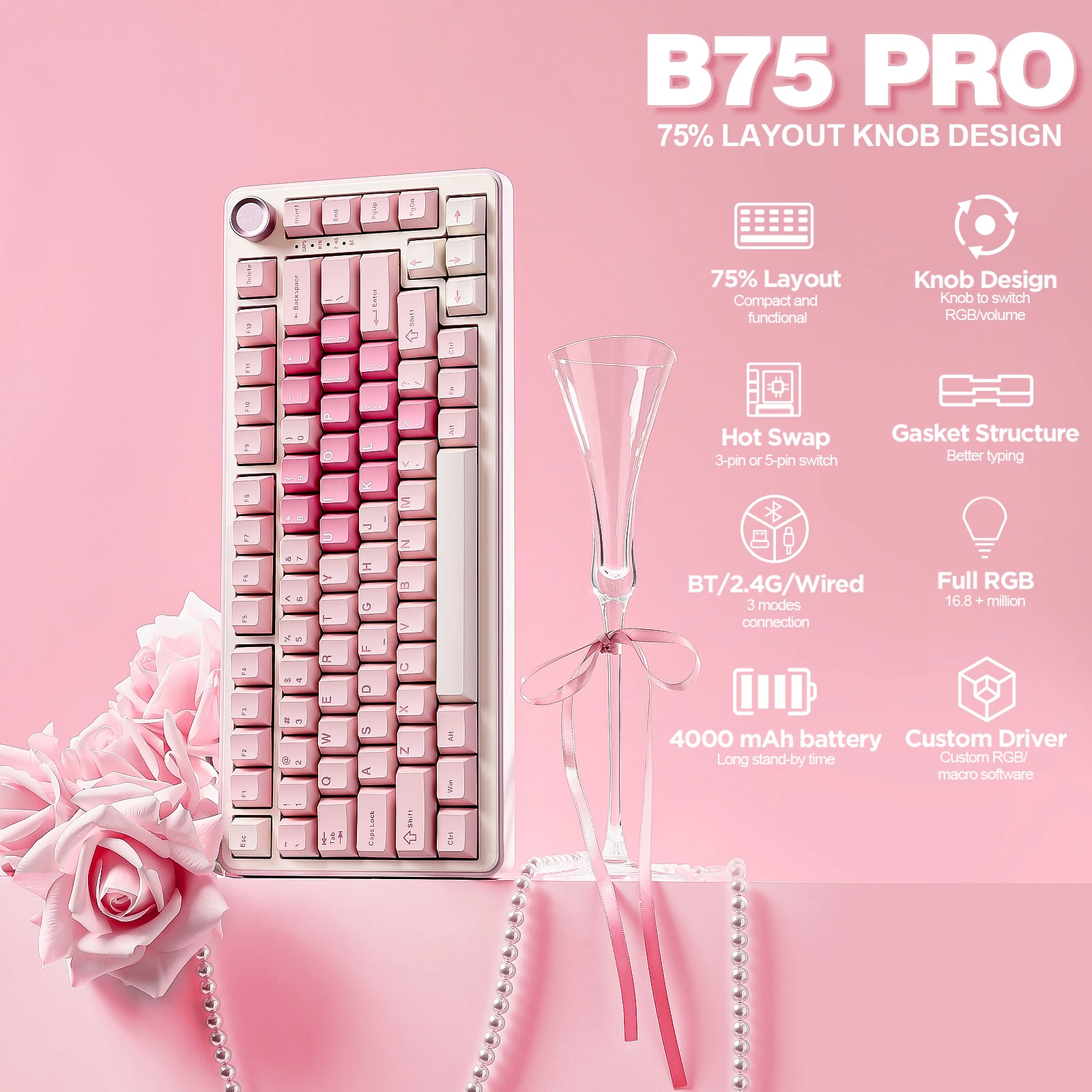 YUNZII B75 PRO ピンクメカニカルゲーミングキーボード