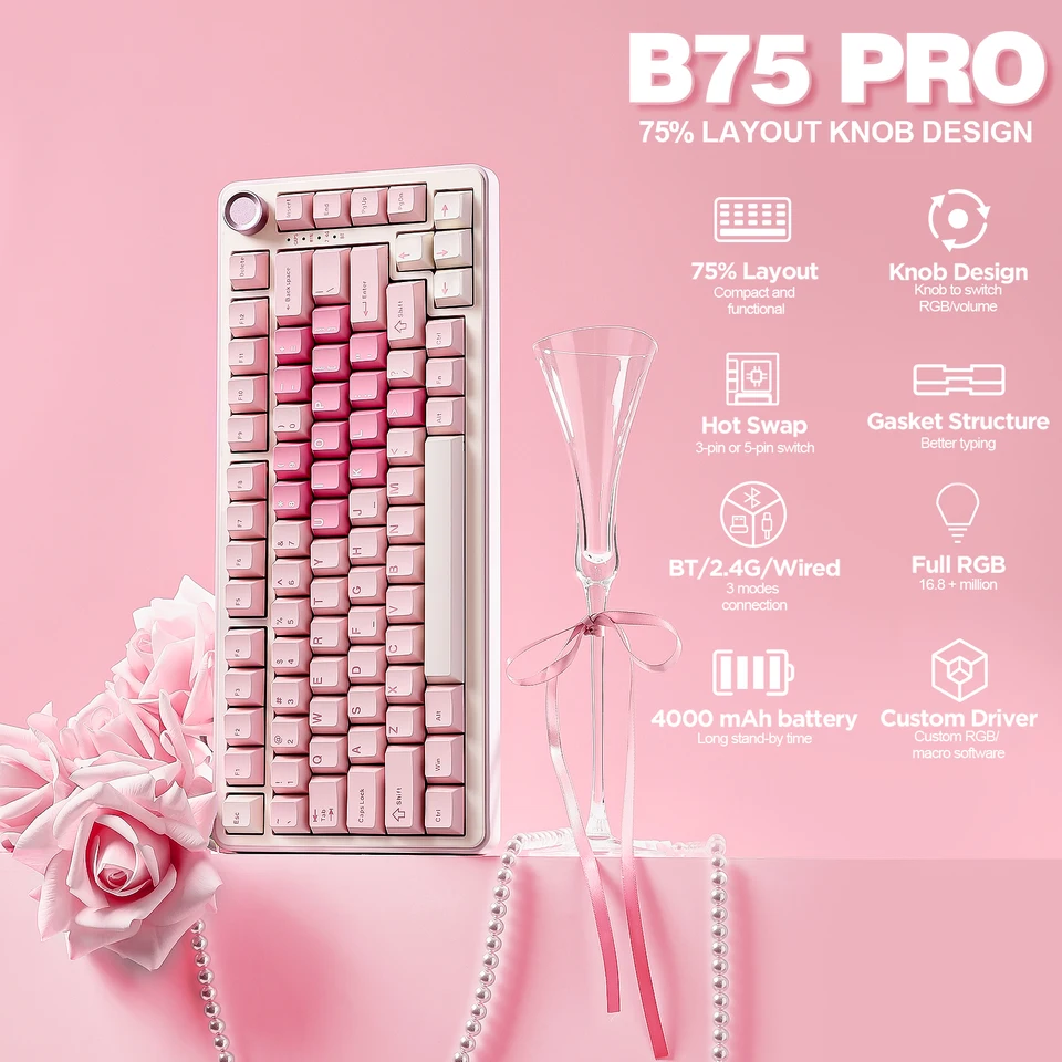 YUNZII B75 PRO Pink Mechanical Gaming Keyboard, Bluetooth/Wire
