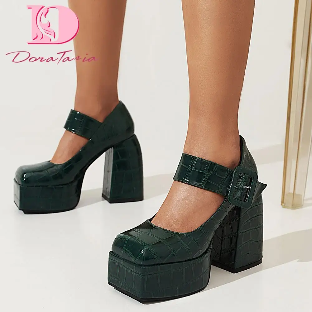 Luxury Brand New Ladies Thick High Heels Mary Janes Pumps Fashion Buckle Square Toe Platform Pumps Women Party Shoes Woman