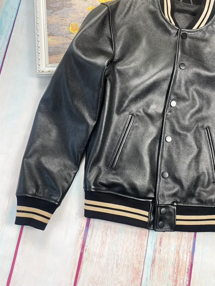 Men Leather Jacket First Layer Cowhide Casual Baseball Uniform Embroidered Loose Top