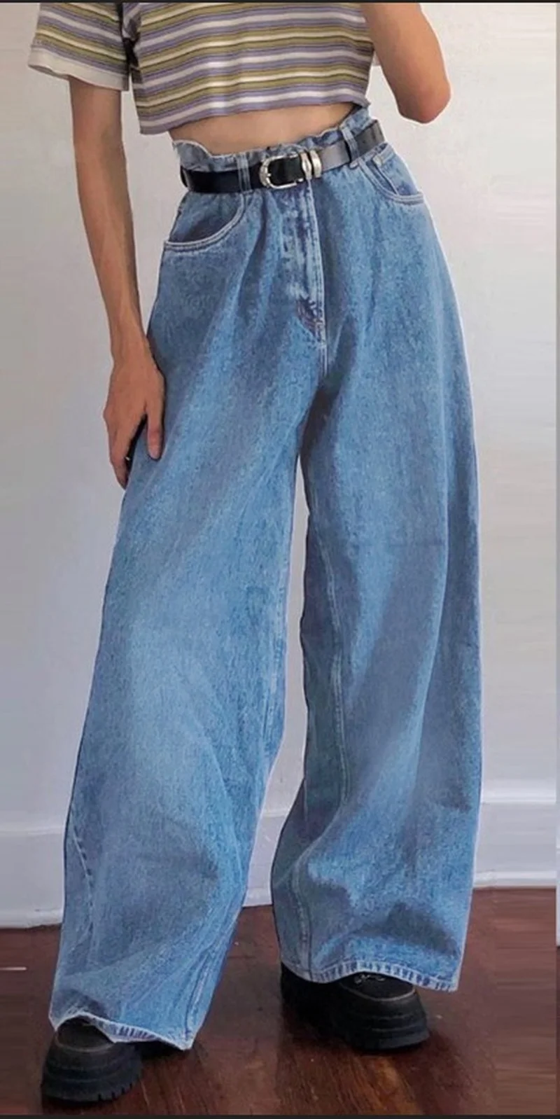 

Fashion Loose Long Length Streetwear Female Pants Korean Style Women Denim Boot Cut Wide Leg Trousers Boots Solid Jeans Casual