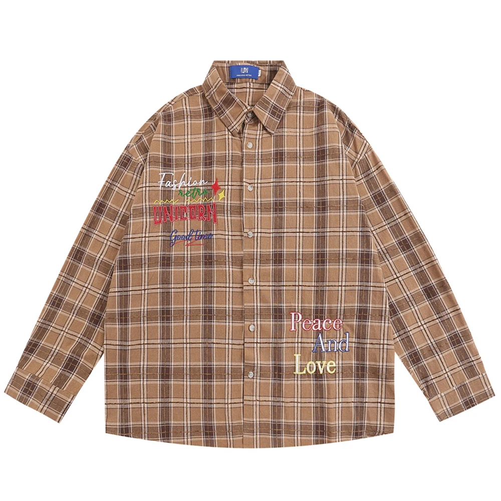 

Big Plaid Letters Embroidery Casual Men's Shirt Long Sleeve Button Up Shirts for Man 2023 Autumn Black Khaki