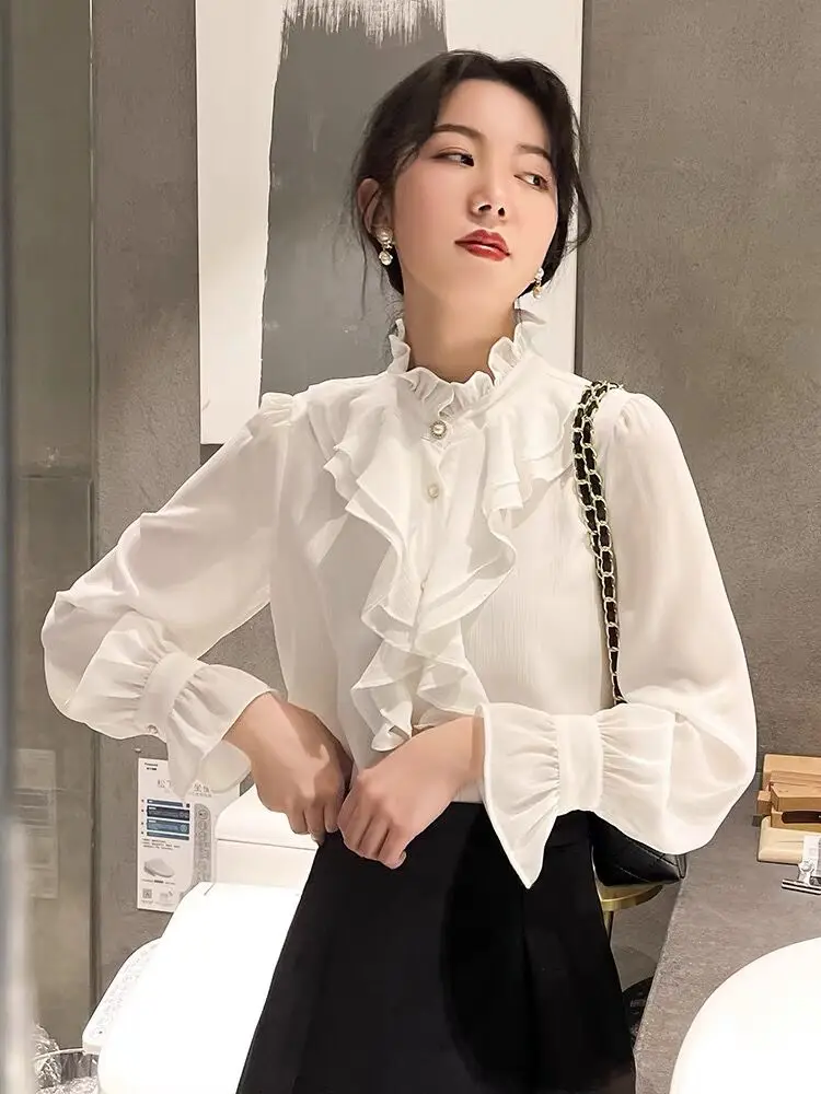 French Vintage Elegant Lace Ruffles Spliced Chiffon Blouse Woman Elegant Summer New Commute Flying Sleeve Beading Button Shirts