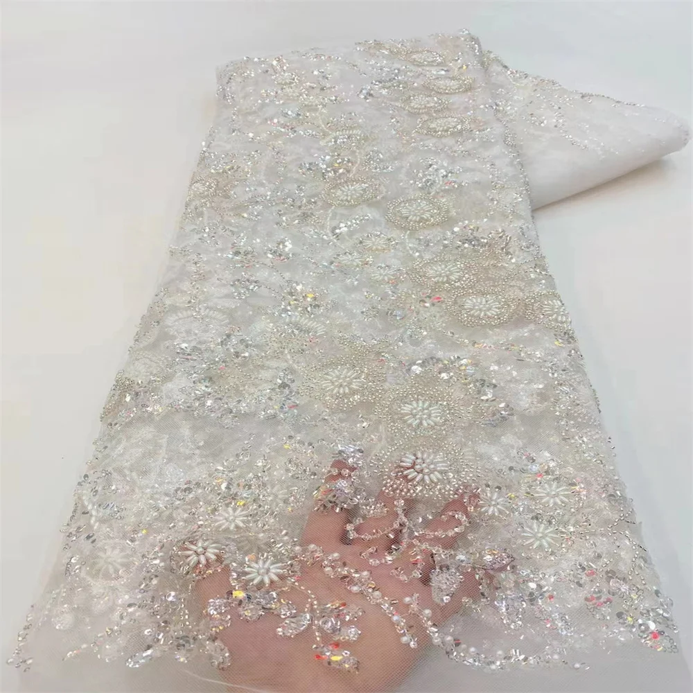 

African Sequins Beaded Lace Fabrics 2023 High Quality Sequence Embroidery French Nigerian Lace Fabric For Wedding Sewing X-390