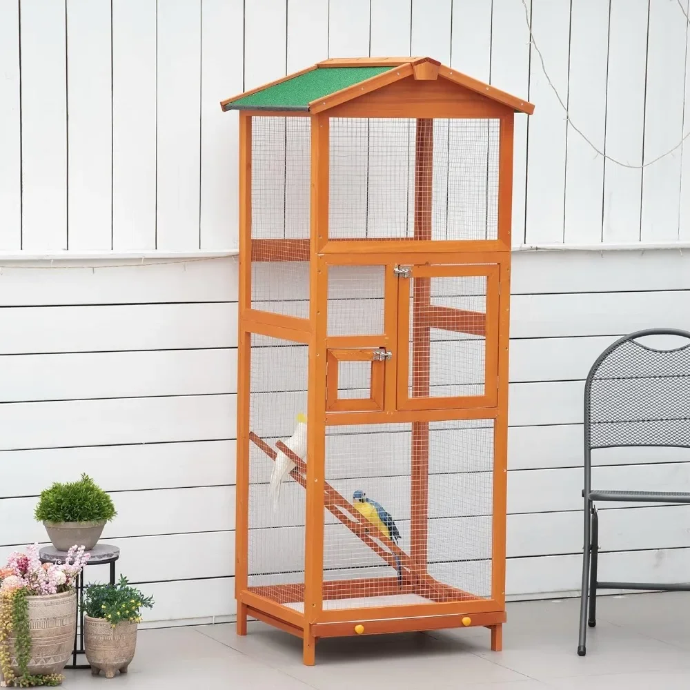65" Wooden Bird Cage Outdoor Aviary House for Parrot with Pull Out Tray and 2 Doors, Water composite asphalt roof 2