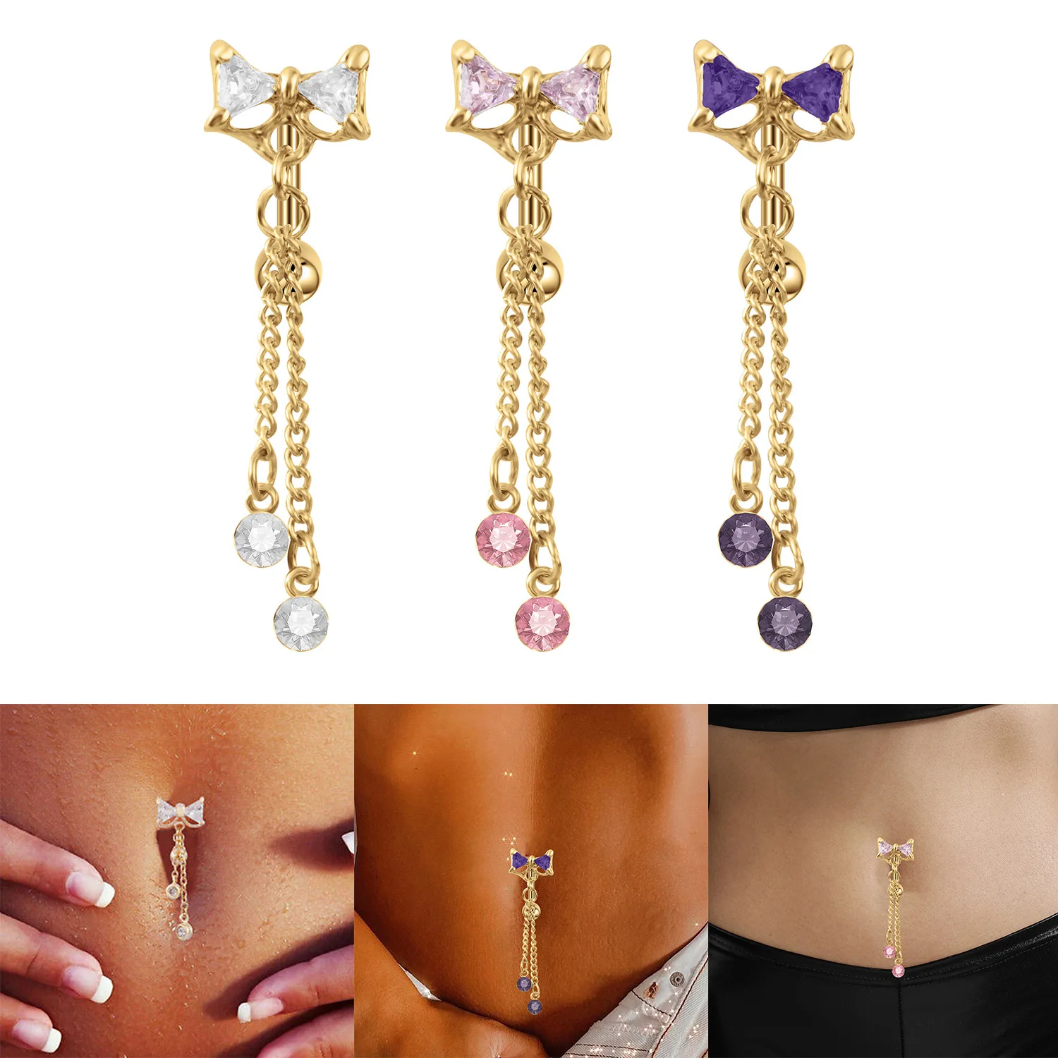 

Elegant Gold Color Tassels Zircon Bow Navel Ring Barbell Body Piercing Jewelry Sexy Stainless Steel Belly Ring For Women