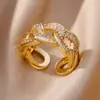 Bagues ajourées en chaîne pour femmes, couleur or, acier inoxydable, Zircon, croix ouverte, tendance, bijoux esthétiques de mariage, cadeau