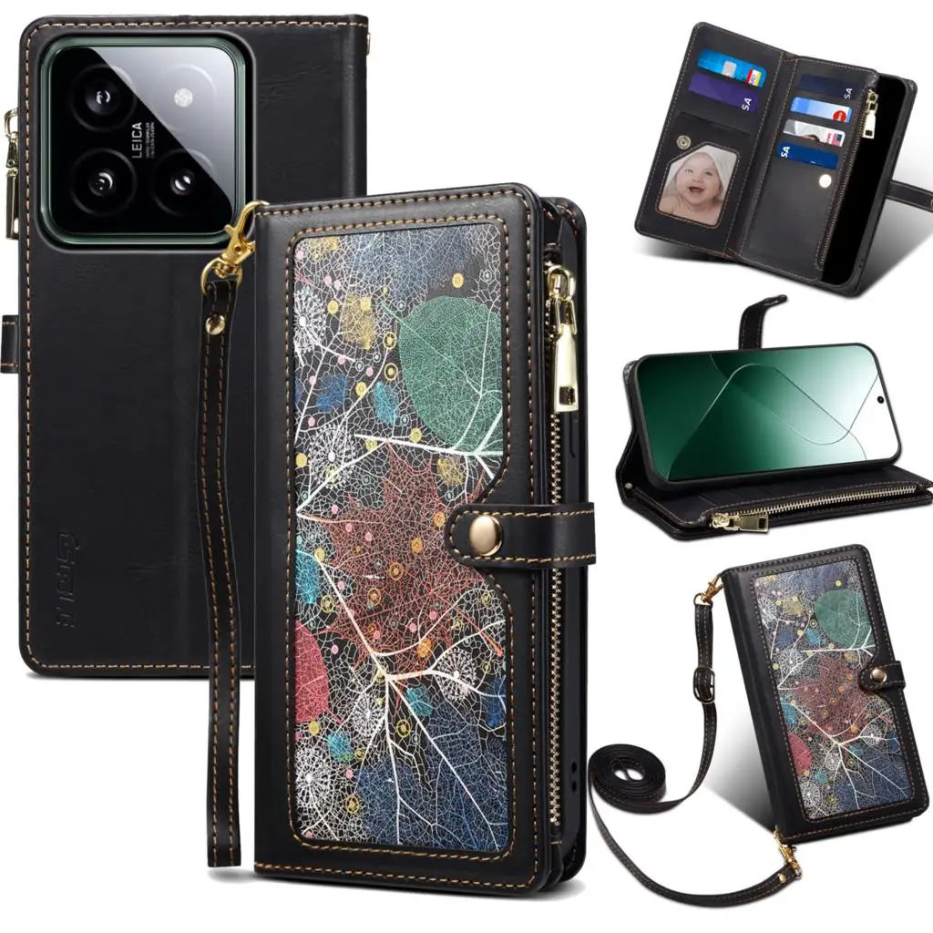 

Кожаный чехол-книжка с цветочным рисунком для Xiaomi Mi 14 13 Mi14 Pro Ultra, чехол-кошелек с отделением для карт, задняя крышка с бесплатной веревкой