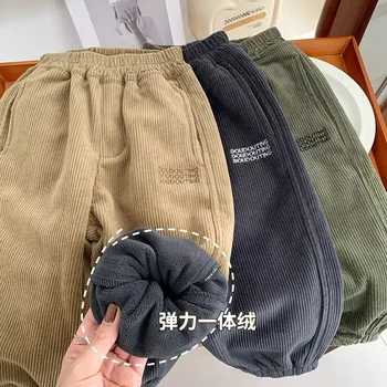 2-10Y Boys' One-piece Velvet Pants for Winter Warmth Leg Binding Pants Children's Corduroy Elastic Soft and Thick Casual Pants 1