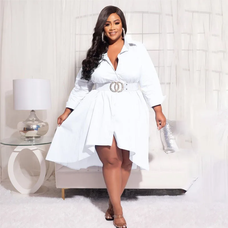 Plus Size Women Curvy Cloth Solid Wide Club Blouse Dress Lady Casual V Neck Luxury Robe 2023 Summer Trendy Loose Party Dress