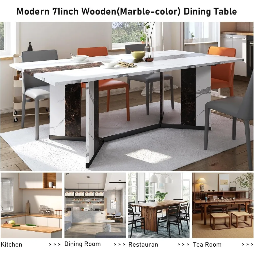 Dining Table Sets,71In Rectangular White Dining Table W/35 Marble-Color Wood Watrproof Tabletop,Living Room Dinings Set